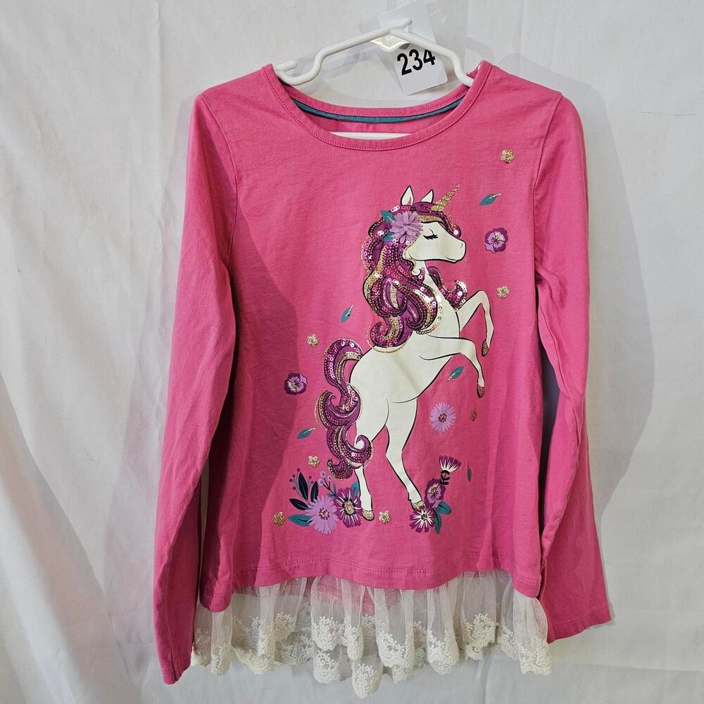 #0234 Isaac Mizrahi Girls Pink Sequin Unicorn Long Sleeve Lace Shirt M 7/8